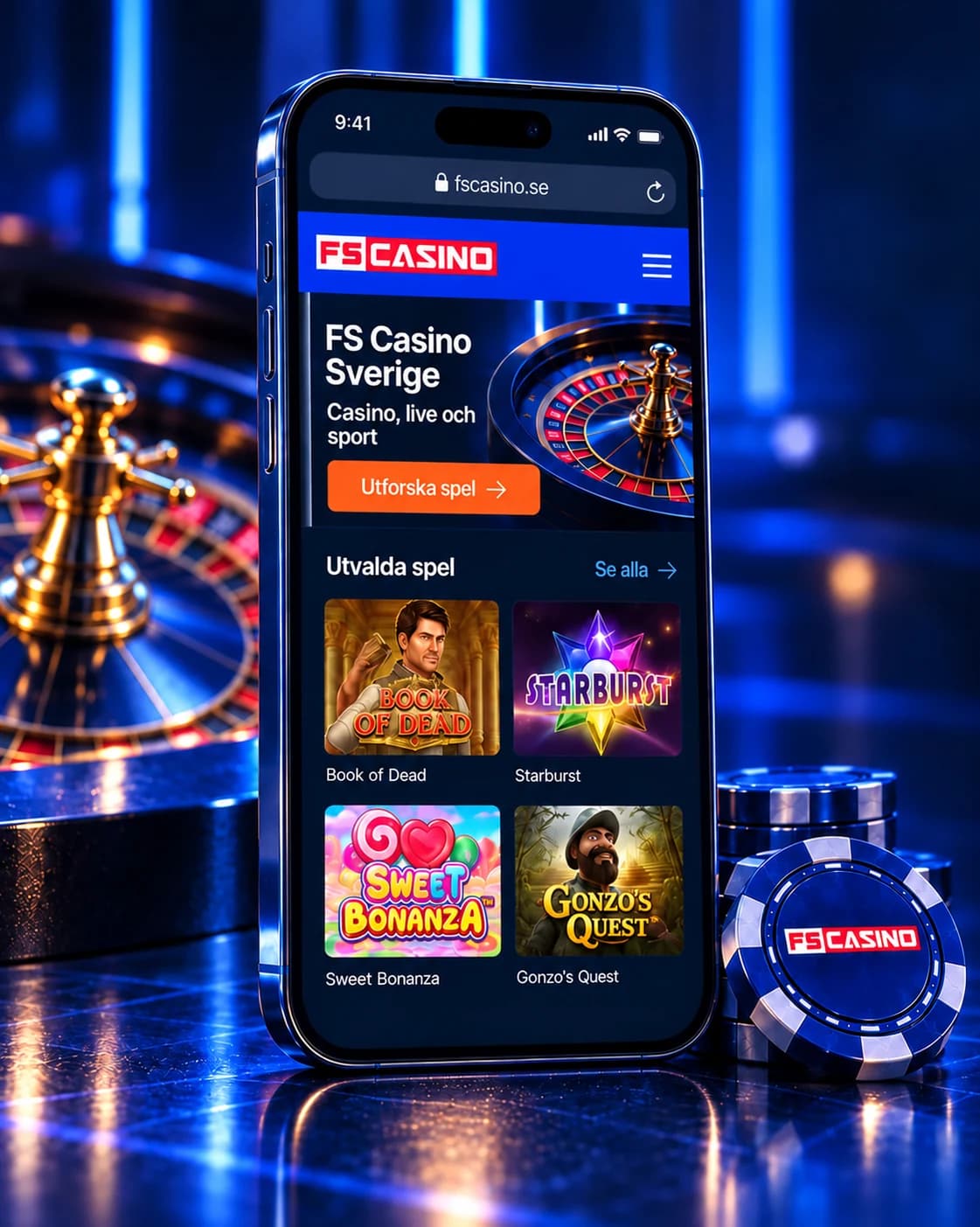 FS Casinos svenska webbplats på en mobiltelefon